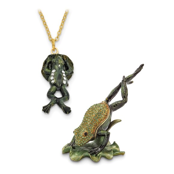 Pewter Bejeweled Crystals CLEM HOPPER Diving Frog Trinket Box with Pendant - Picture 4 of 4